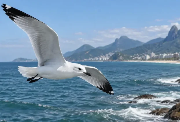 Gaivota-tridáctila voando sobre o litoral brasileiro