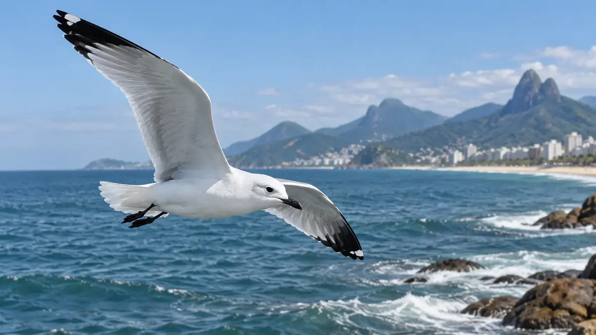 Gaivota-tridáctila voando sobre o litoral brasileiro