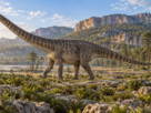 Reconstrução editorial de um Diplodocus em uma paisagem jurássica europeia