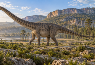 Reconstrução editorial de um Diplodocus em uma paisagem jurássica europeia