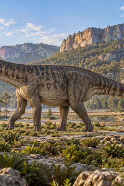 Reconstrução editorial de um Diplodocus em uma paisagem jurássica europeia