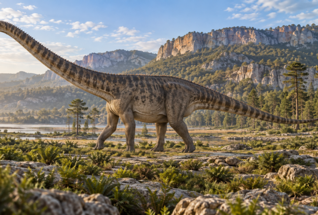 Reconstrução editorial de um Diplodocus em uma paisagem jurássica europeia