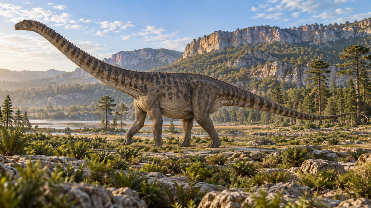 Reconstrução editorial de um Diplodocus em uma paisagem jurássica europeia