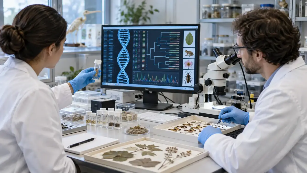 Cientistas analisam DNA e exemplares em um laboratório de biodiversidade