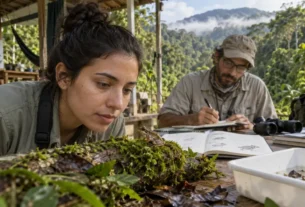 Pesquisadores observam um sapo durante estudo de novas espécies