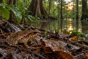 Sapo sobre folhas úmidas em floresta de várzea na Amazônia