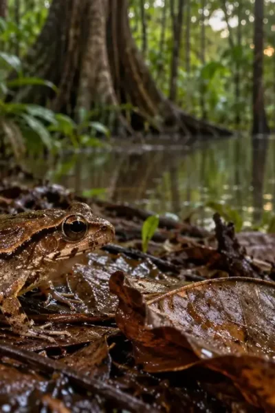 Sapo sobre folhas úmidas em floresta de várzea na Amazônia