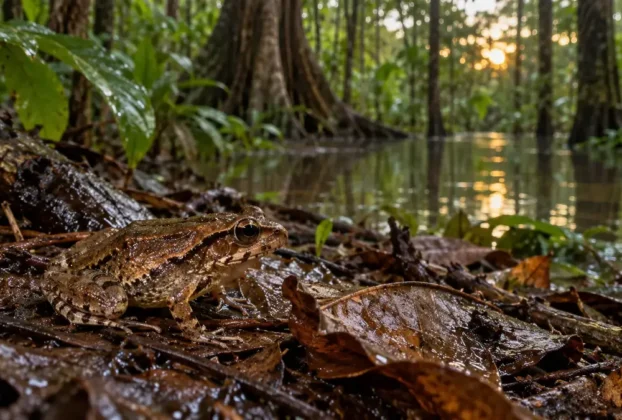 Sapo sobre folhas úmidas em floresta de várzea na Amazônia