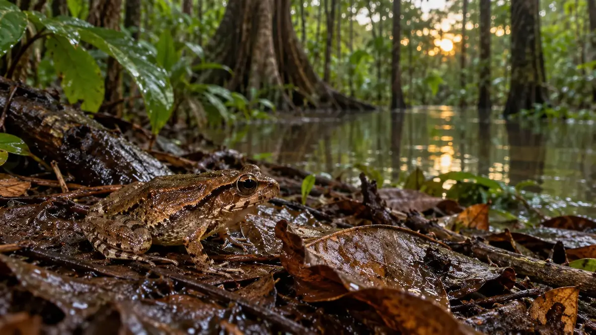 Sapo sobre folhas úmidas em floresta de várzea na Amazônia