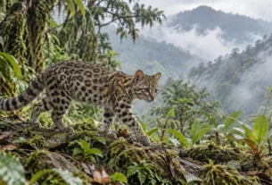Pequeno felino silvestre em floresta montanhosa da Bolívia