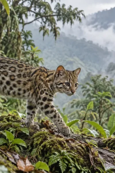Pequeno felino silvestre em floresta montanhosa da Bolívia