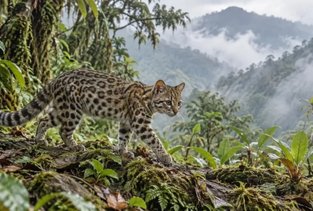 Pequeno felino silvestre em floresta montanhosa da Bolívia