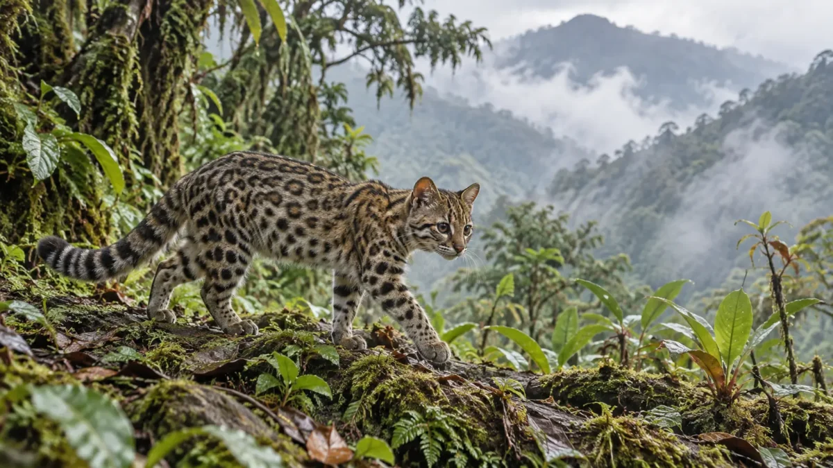 Pequeno felino silvestre em floresta montanhosa da Bolívia