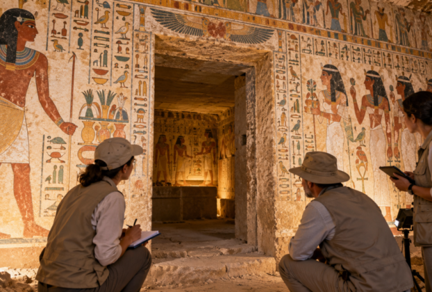 Arqueólogos examinam pinturas preservadas em uma tumba egípcia perto de Luxor