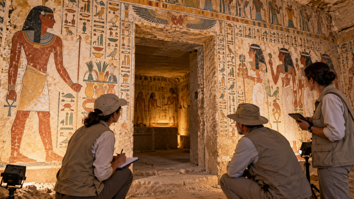 Arqueólogos examinam pinturas preservadas em uma tumba egípcia perto de Luxor