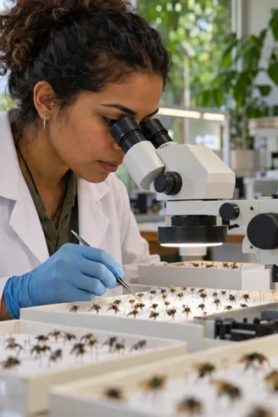 Cena ilustrativa de pesquisa sobre biodiversidade amazônica em laboratório