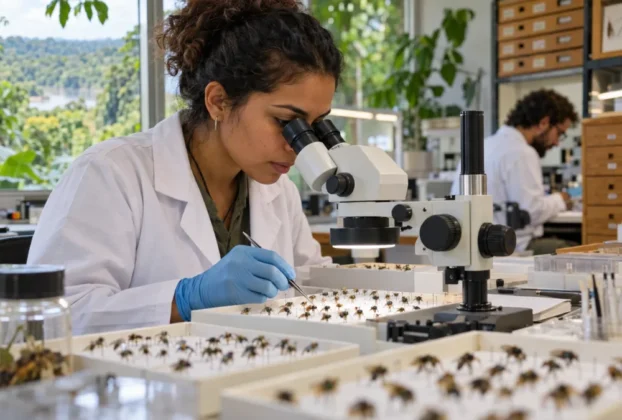Cena ilustrativa de pesquisa sobre biodiversidade amazônica em laboratório