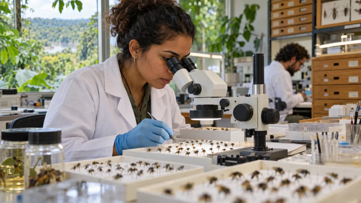Cena ilustrativa de pesquisa sobre biodiversidade amazônica em laboratório