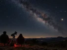 Cena ilustrativa de observação do céu noturno com telescópio no campo