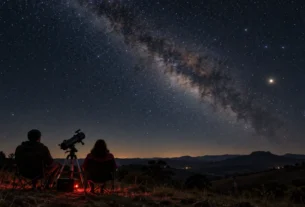 Cena ilustrativa de observação do céu noturno com telescópio no campo