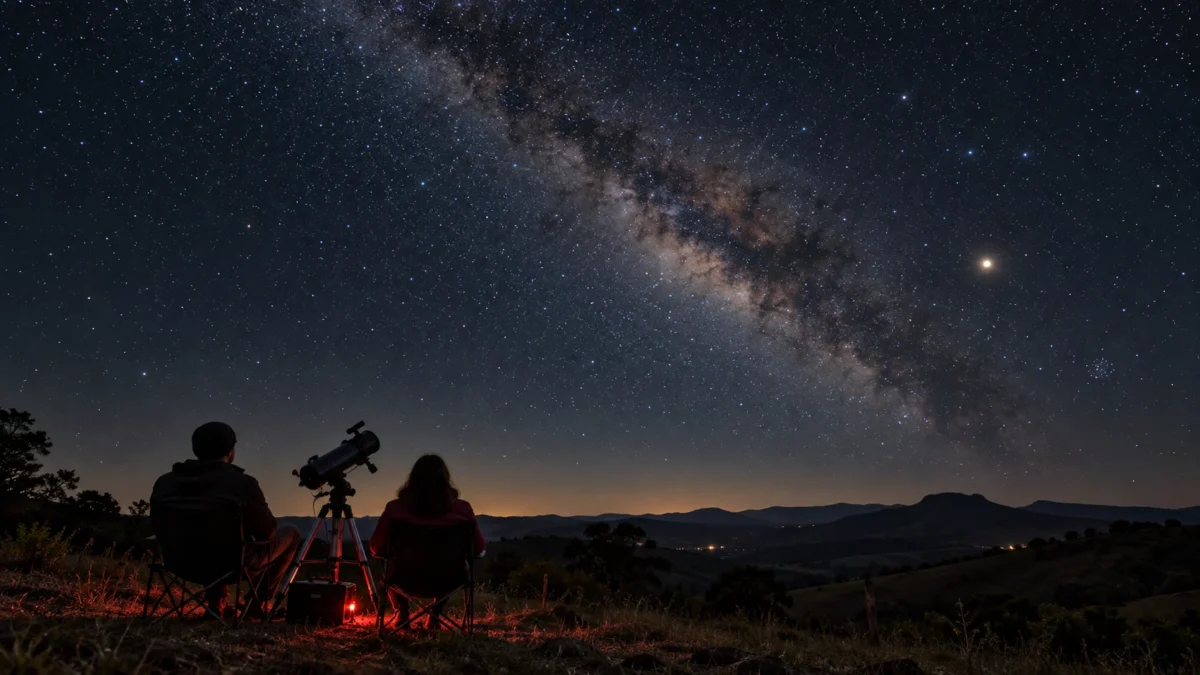 Cena ilustrativa de observação do céu noturno com telescópio no campo